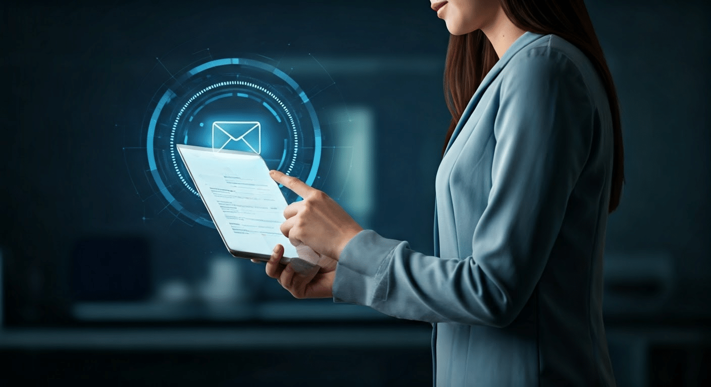 Entrepreneur managing inbox with AI email assistant on smartphone in a cozy home environment