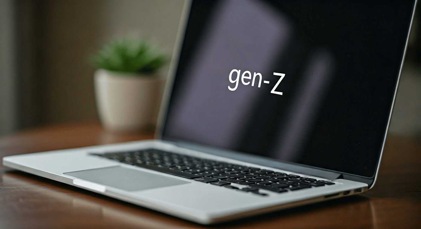 Gen Z Email Sign Offs - A Gen Z professional typing a playful email sign-off on a modern laptop.