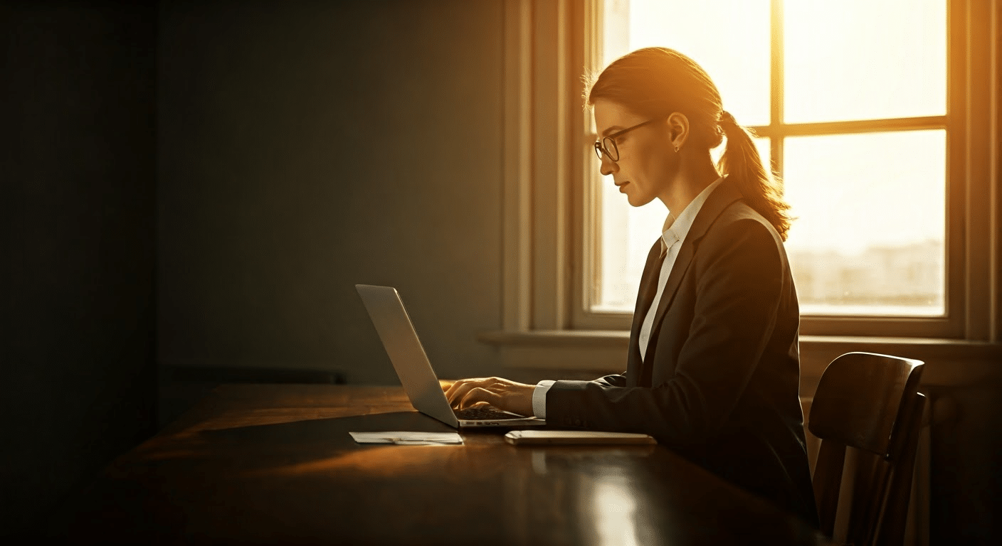 A professional person reading an email on a laptop, reflecting on the phrase 'I hope this email finds you well'.